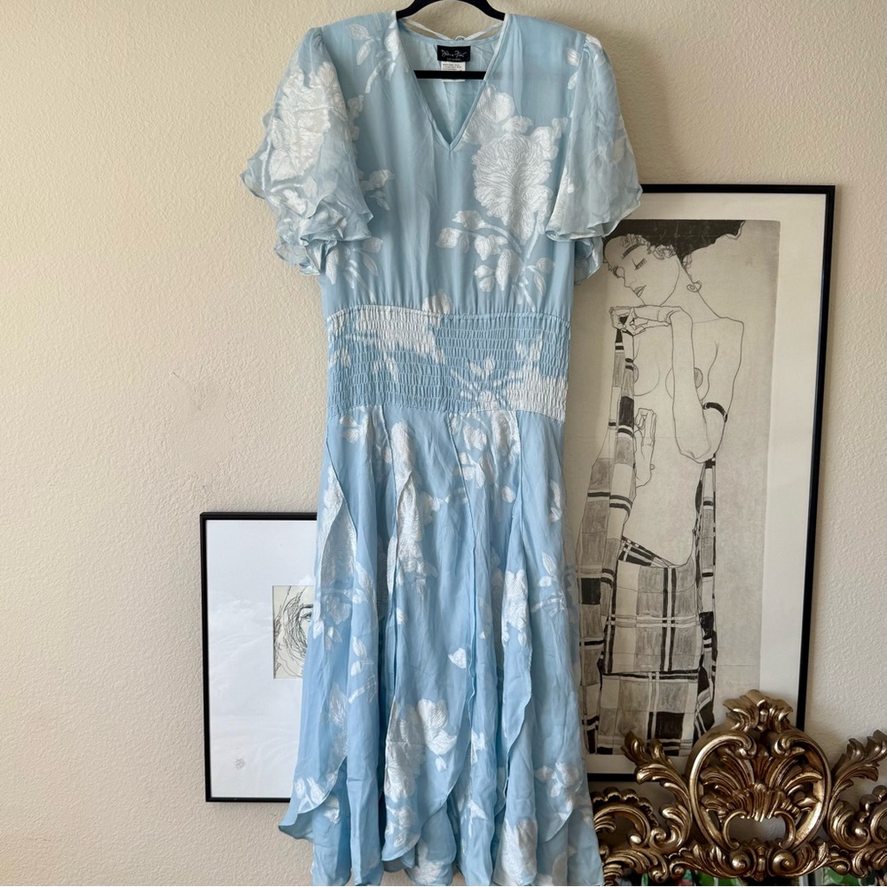 Vintage Diane Freis Blue and White Silk Floral Flowy Dress